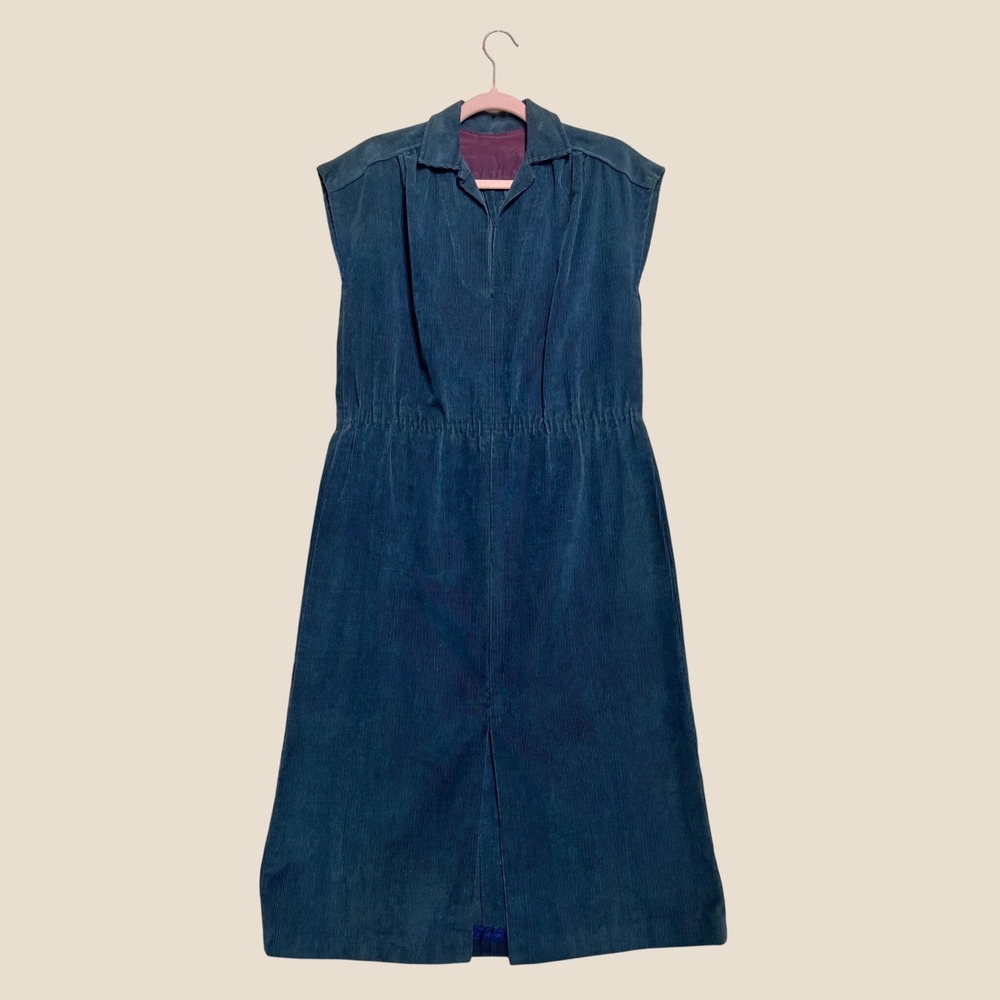 Vintage 1970s Corduroy Dress Teal Blue Retro Americana Academic Midi Dress